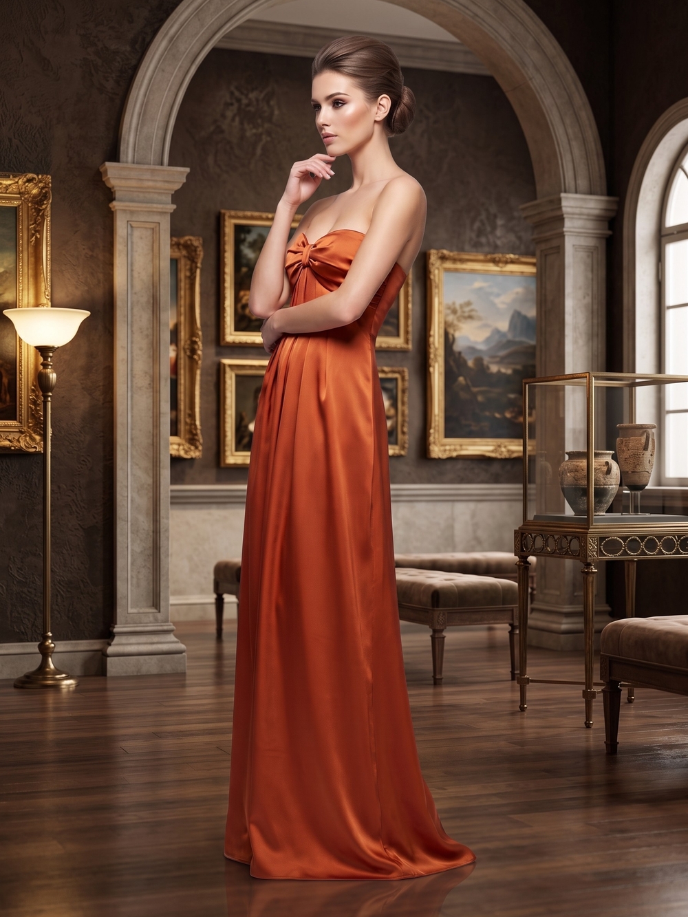 Lulus Elegant Strapless Satin Evening Gown Rust Orange Small NWT